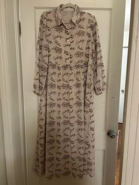 Beige Script Print Button-Front Maxi Dress